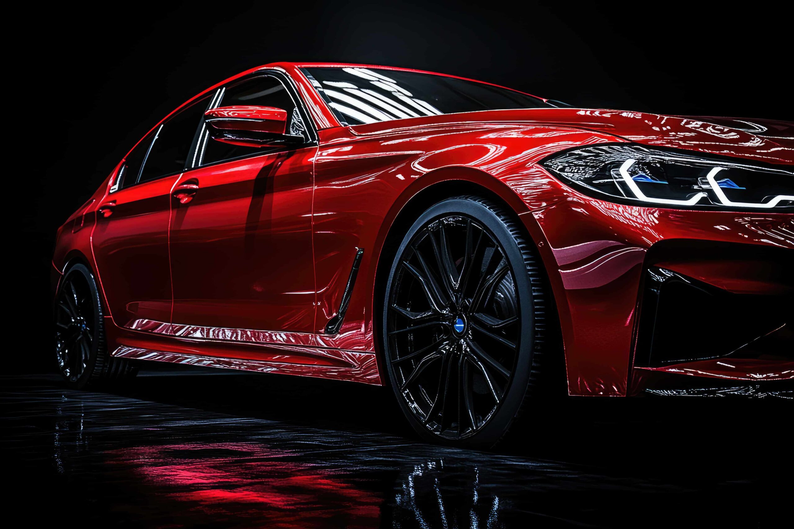 Red sports car parked on black background with copy space